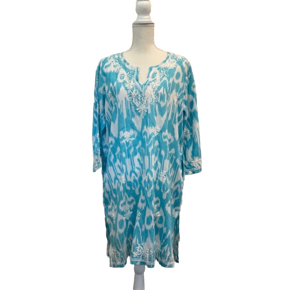 GRETCHEN SCOTT Women's Aqua Blue and White Patern Tunic Dress Size L